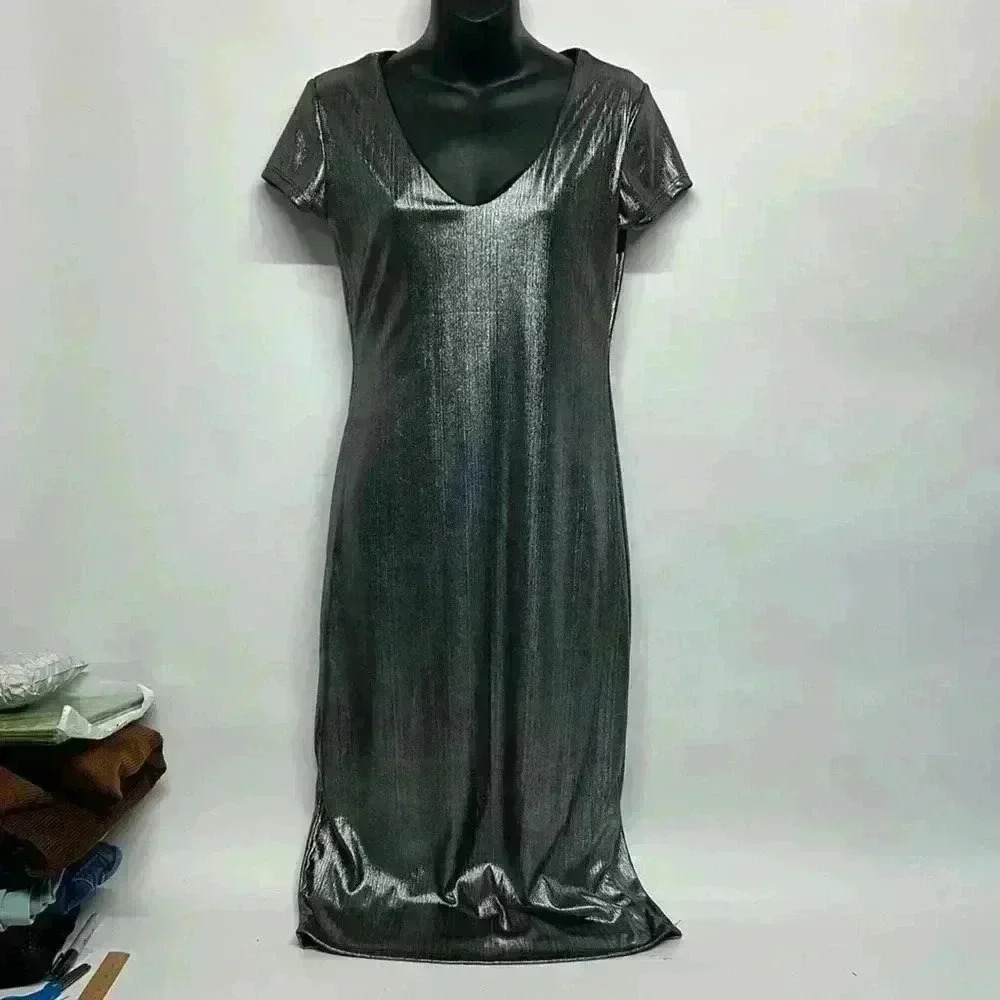 See you Monday size large, silver, short sleeve, V-neck dress new with tags